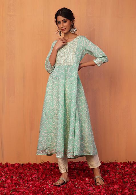 Pastel Blue Batik Print Embroidered Muslin Anarkali Kurta 