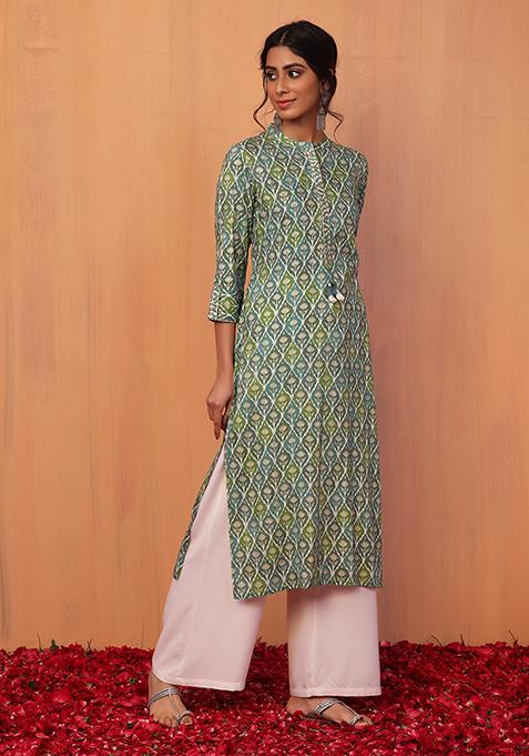 Green Mughal Print Embroidered Straight Kurta 