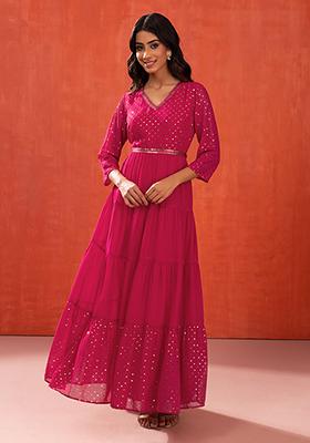 Dark Pink Foil Print Tiered Maxi Kurta With Dori Belt (Set of 2)