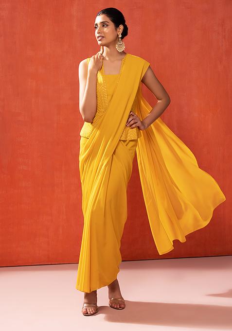 Mustard Yellow Pre-Stitched Saree With Attached Peplum Blouse