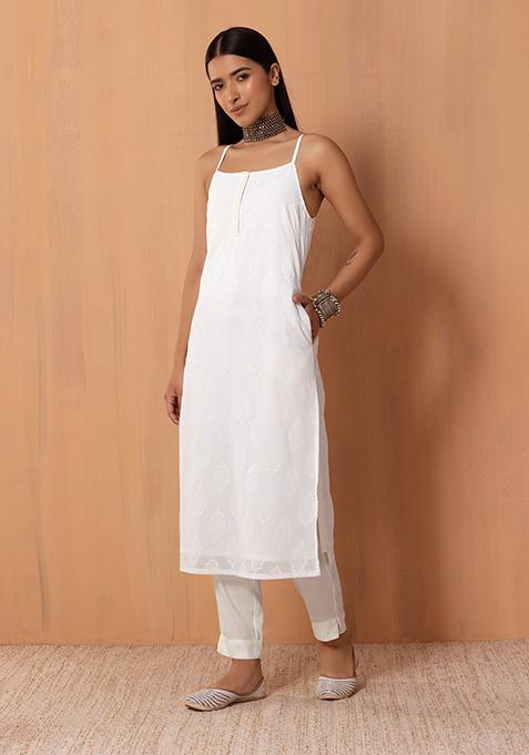 White Boota Print Strappy Straight Kurta