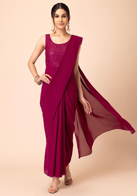 Maroon Pre-Stitched Saree With Attached Embroidered Blouse