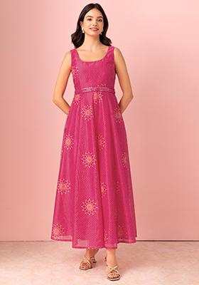 Hot Pink Bandhani Print Anarkali Kurta With Mirror Belt (Set of 2)