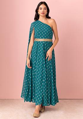 Green Foil Print One Shoulder Kurta With Dori Belt (Set of 2)