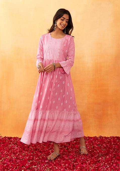Pink Boota Print Rayon Tiered Dress