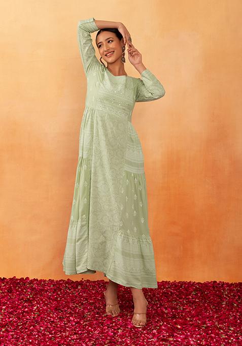 Light Green Floral Print Tiered Dress