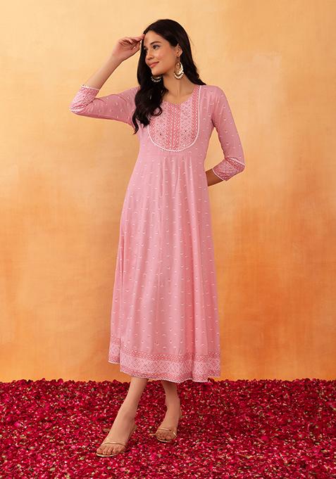 Pink Floral Foil Print Rayon Anarkali Kurta