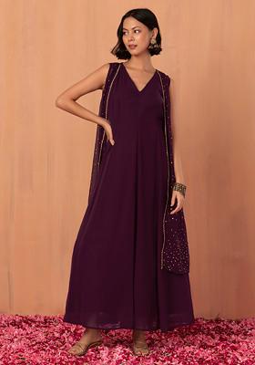Purple Foil Print Jacket With Kurta (Set of 2)