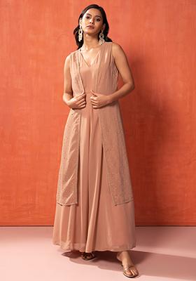 Light Pink Foil Print Jacket With Kurta (Set of 2)