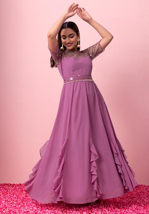 Purple Sequin Embroidered Anarkali Kurta With Belt (Set of 2)