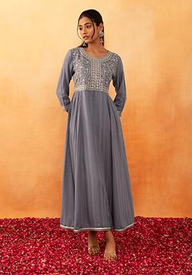 Grey Zari Embroidered Rayon Dress