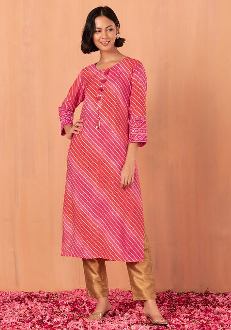 Pink Leheriya Print Embroidered Muslin Kurta