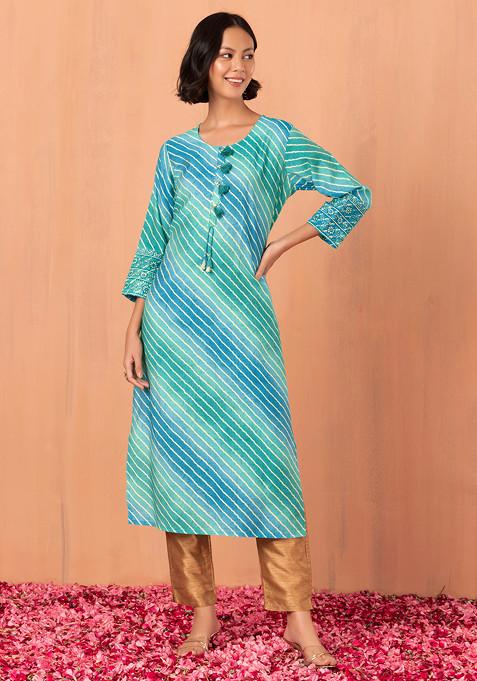 Blue Leheriya Print Embroidered Muslin Kurta