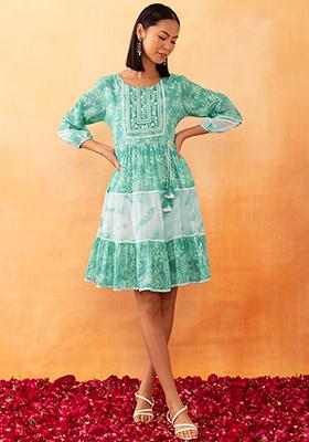 Pastel Green Floral Print Mulmul Dress