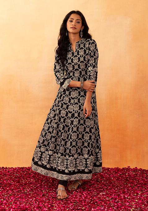 Black Mughal Jaal Print Rayon Anarkali Kurta