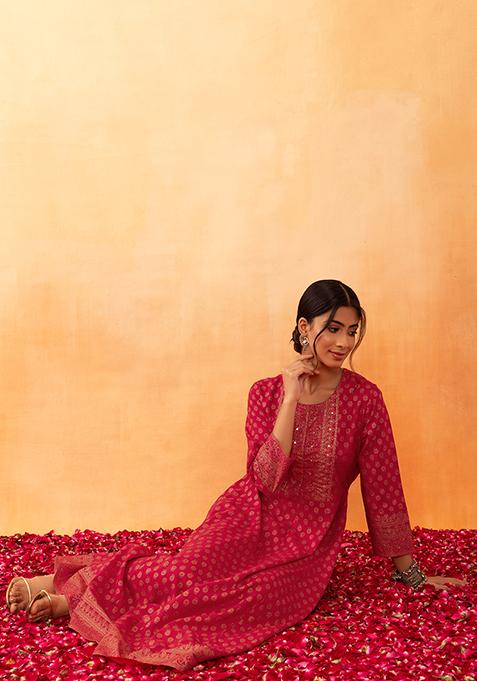 Red Foil Print Rayon Anarkali Kurta