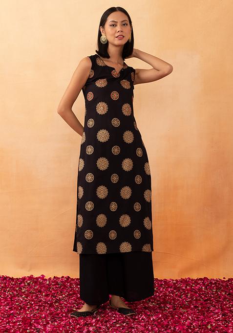 Black Foil Print Embroidered Cotton Kurta