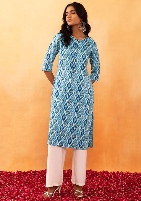 White And Blue Ikat Print Rayon Kurta