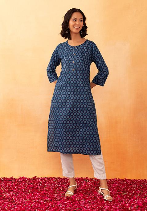 Navy Blue Paisley Boota Print Cotton Kurta