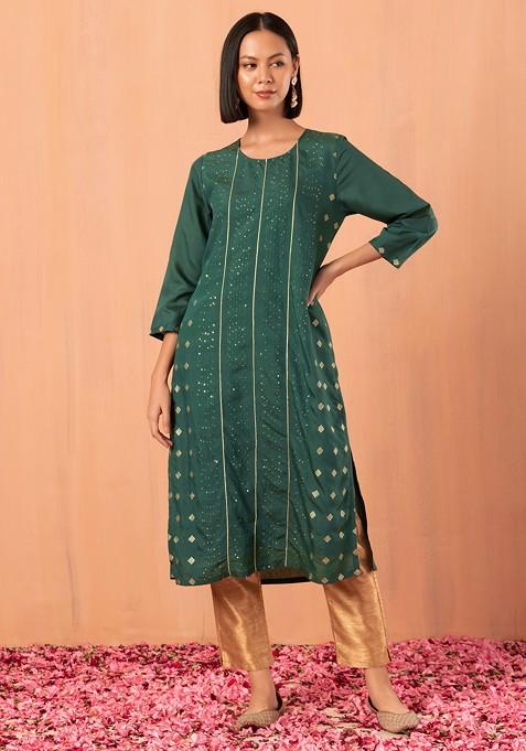 Dark Green Sequin And Thread Embroidered Muslin Kurta