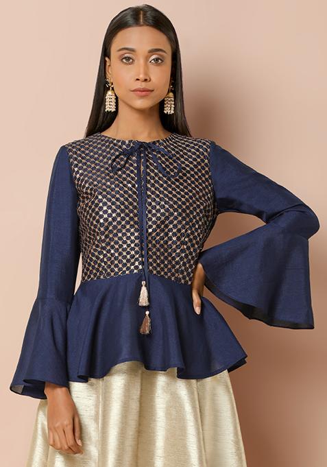 Navy Sequin Embroidered Peplum Top