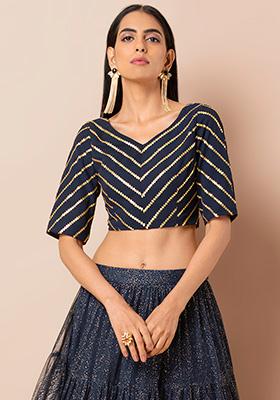 Buy Women Navy Sequin Striped Embroidered Crop Top - RTW - Indya