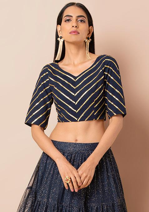 Navy Sequin Striped Embroidered Crop Top