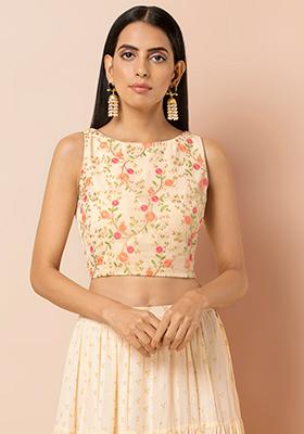 Buy Women Ivory Boat Neck Embroidered Crop Top - Blouses - Indya
