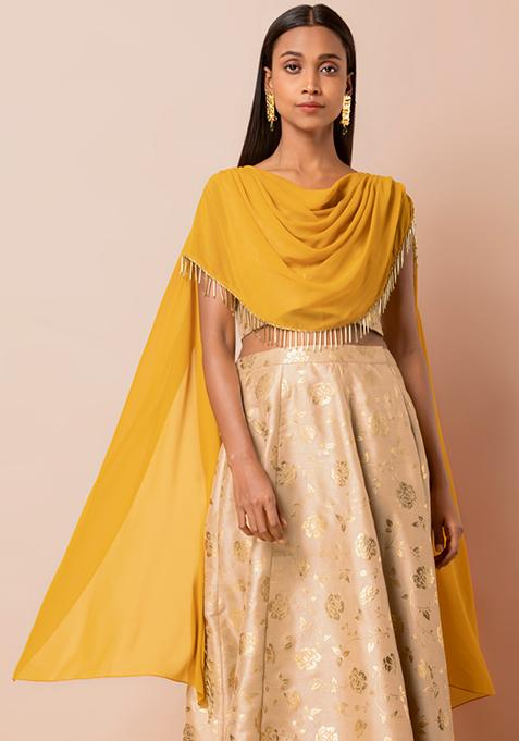 Beige Foil Crop Top with Attached Mustard Dupatta