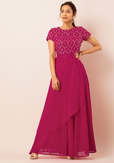 Fuchsia Embroidered Side Drape Top
