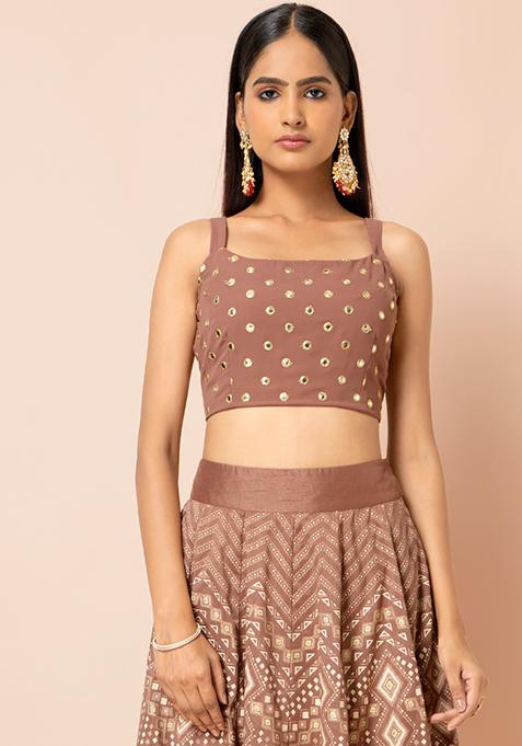 Rose Pink Mirror Work Strappy Crop Top 