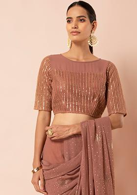 Buy Women Rose Pink Sequin Striped Mesh Crop Top - RTW - Indya