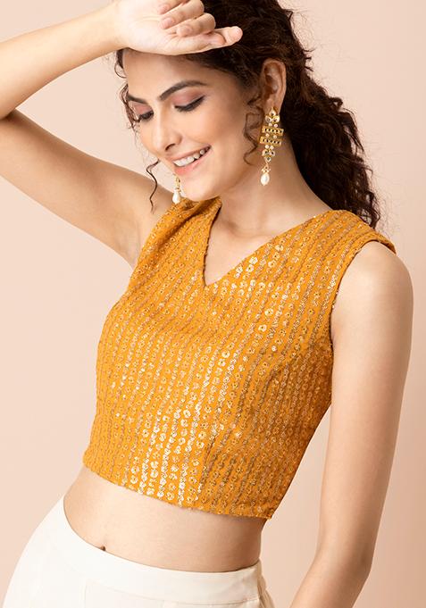  Mustard Sequin Striped V-Neck Crop Top