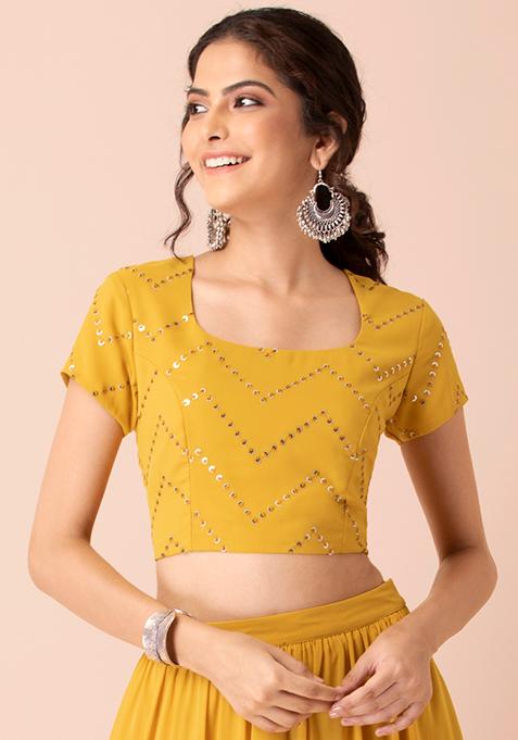 Mustard Embroidered Back-Tie Crop Top