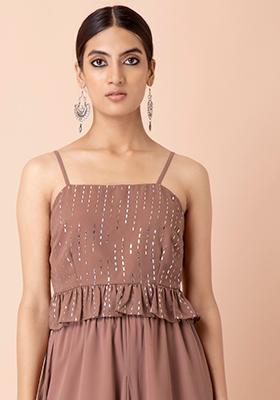 Rose Pink Mukaish Foil Strappy Peplum Crop Top