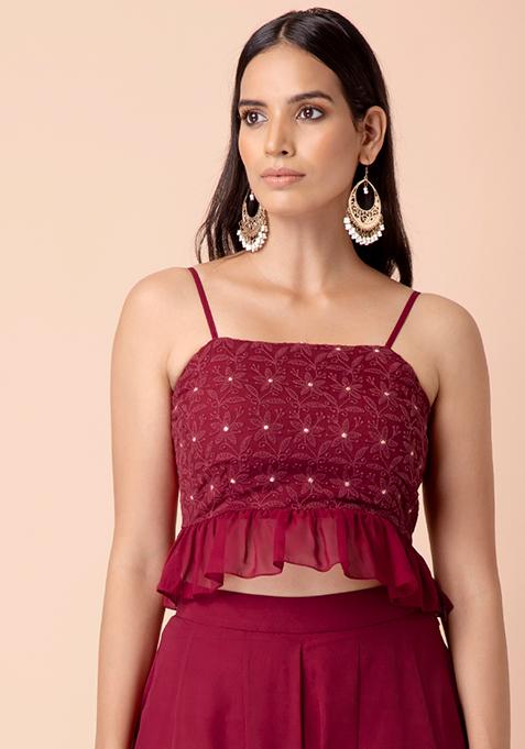 Oxblood Chikankari Strappy Peplum Crop Top