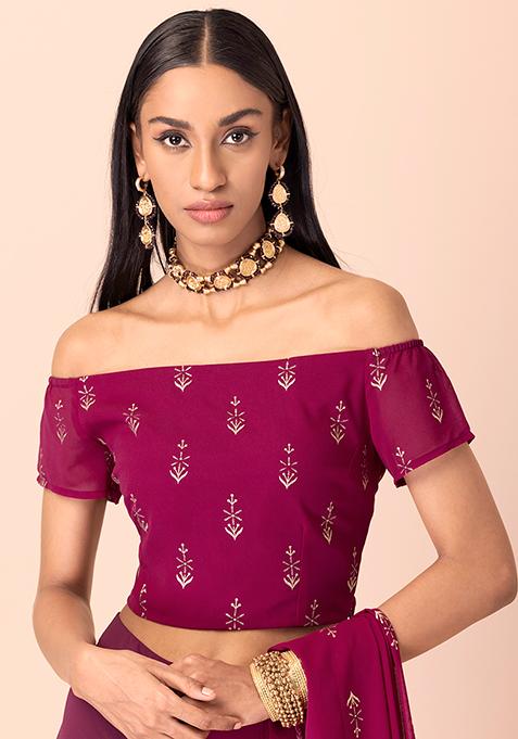 Wine Foil Off Shoulder Crop Top 