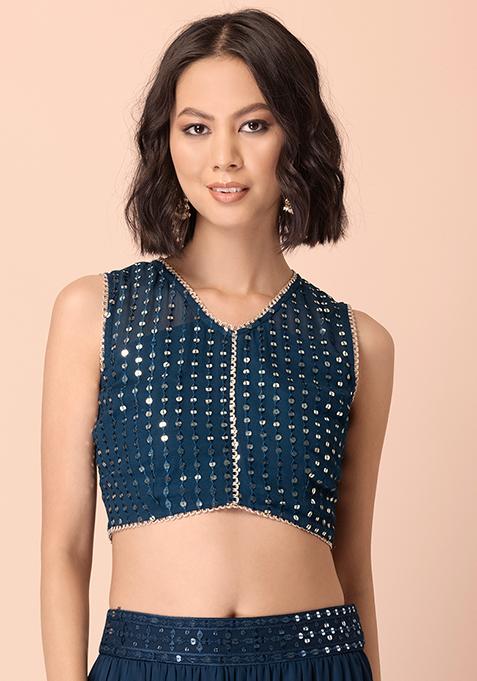 Teal Blue Sequin Striped Crop Top