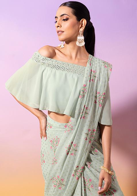 Sea Foam Mirror Ruffled Off Shoulder Top