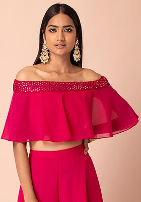 Buy Pink Lehenga And Crop Top With Organza Ruffles And Woven Design