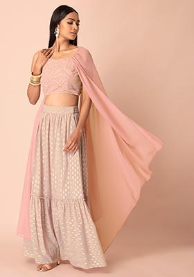 Blush Sequin Crop Top with Attached Dupatta 