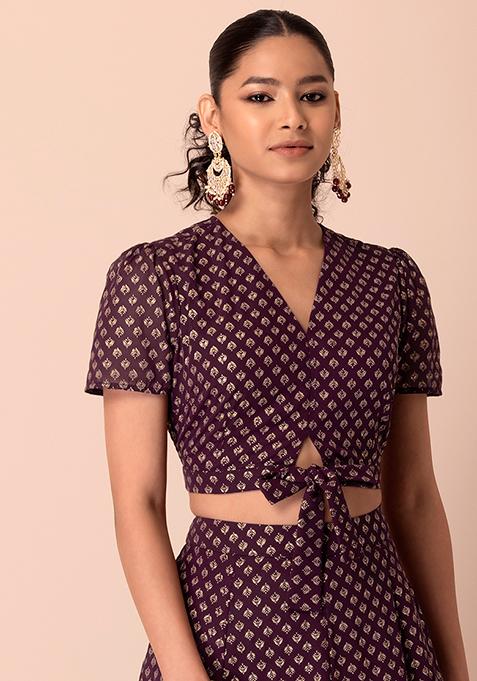 Purple Floral Foil Print Knotted Crop Top