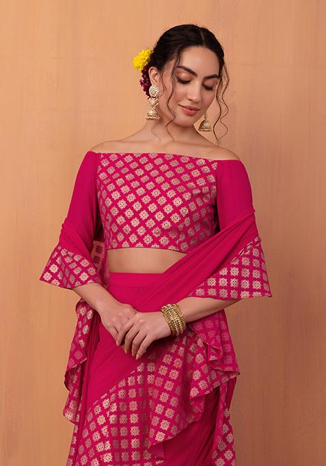 Hot Pink Foil Print Off Shoulder Blouse 