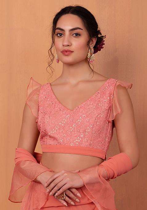 Dusty Pink Sequin Embroidered Ruffle Sleeve Blouse 