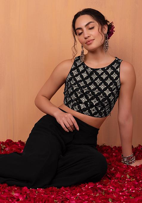 Black Bandhani Print Embroidered Blouse