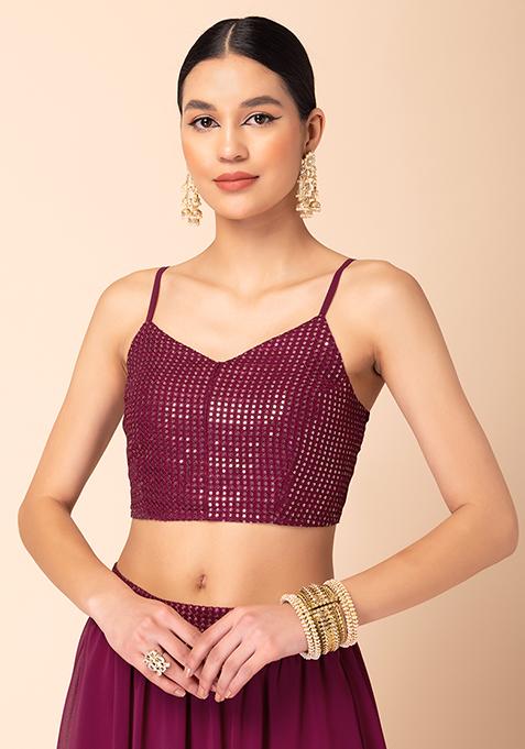 Purple Sequin Embroidered Strappy Blouse
