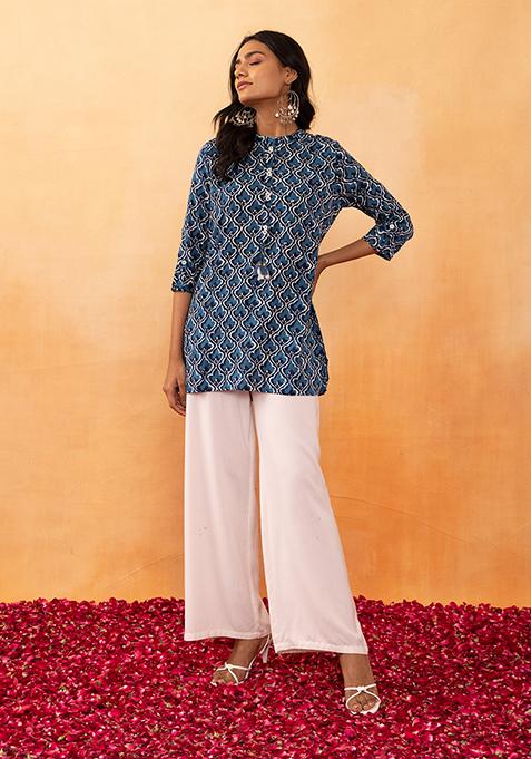 Dark Blue Boota Print Mirror Embroidered Rayon Top