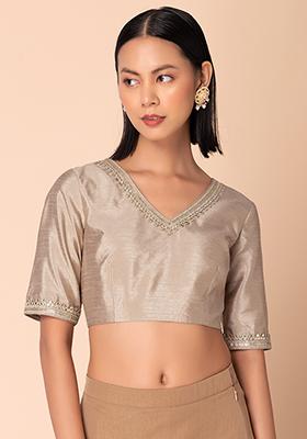 Beige Sequin Embroidered Silk Blouse