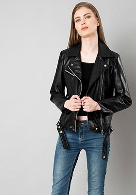 Buy Women Belted Leather Biker Jacket - Black - Trends Online India ...