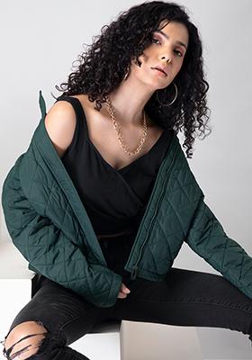 Green High Neck Front Zippered Quilted Puffer Jacket